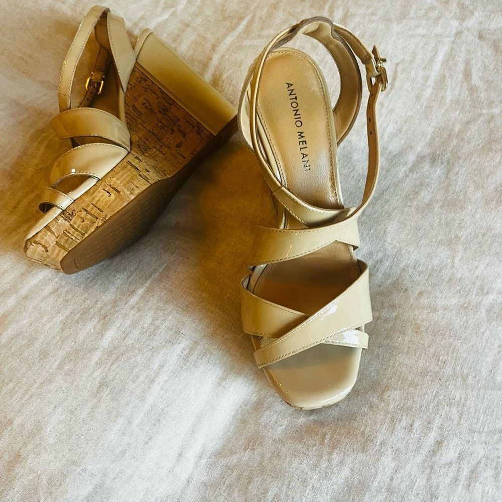 ANTONIO MELANI Patent Leather Cork Wedge Sandals in Beige. So sexy! - Picture 3 of 7